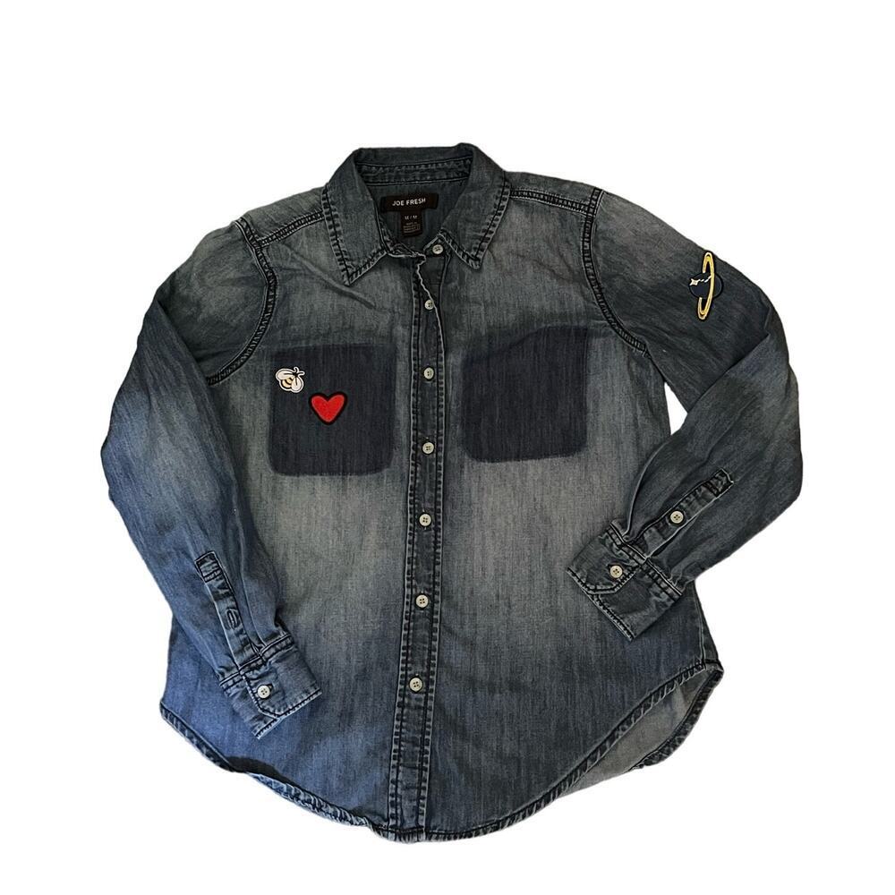 JOE FRESH‎ WOMENS DENIM BUTTON DOWN SHIRT TOP  M PATCHES RETRO CASUAL HIPPEE